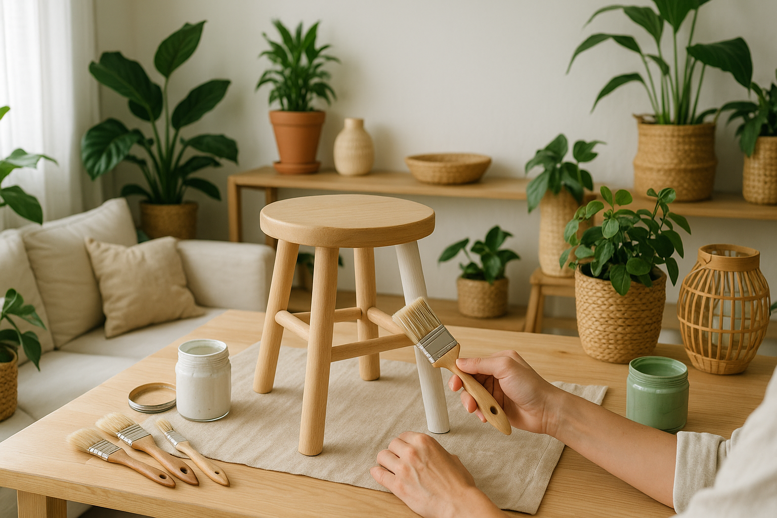 Bright DIY home décor workspace with timber stool, paintbrushes and plants