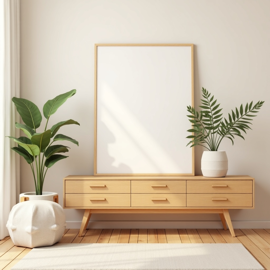 Mid-shot of indoor plants and decor elements in a stylish living room.