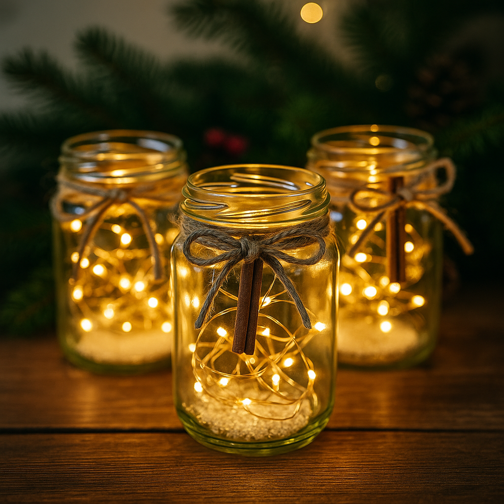 String light jar lanterns glowing on a rustic Christmas table