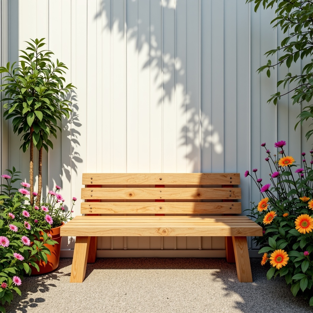 A rustic pallet garden bench surrounded by lush greenery in a backyard.